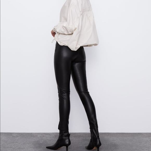 Zara Black Faux Leather High Waist Skinny Ankle Zip Leggings Small - Picture 14 of 14
